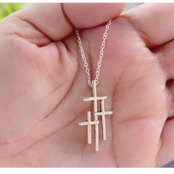 Three Crosses on Calvary Necklace, Faith Religious Christian Jewelry, Cross Neck - Picture 2 of 4